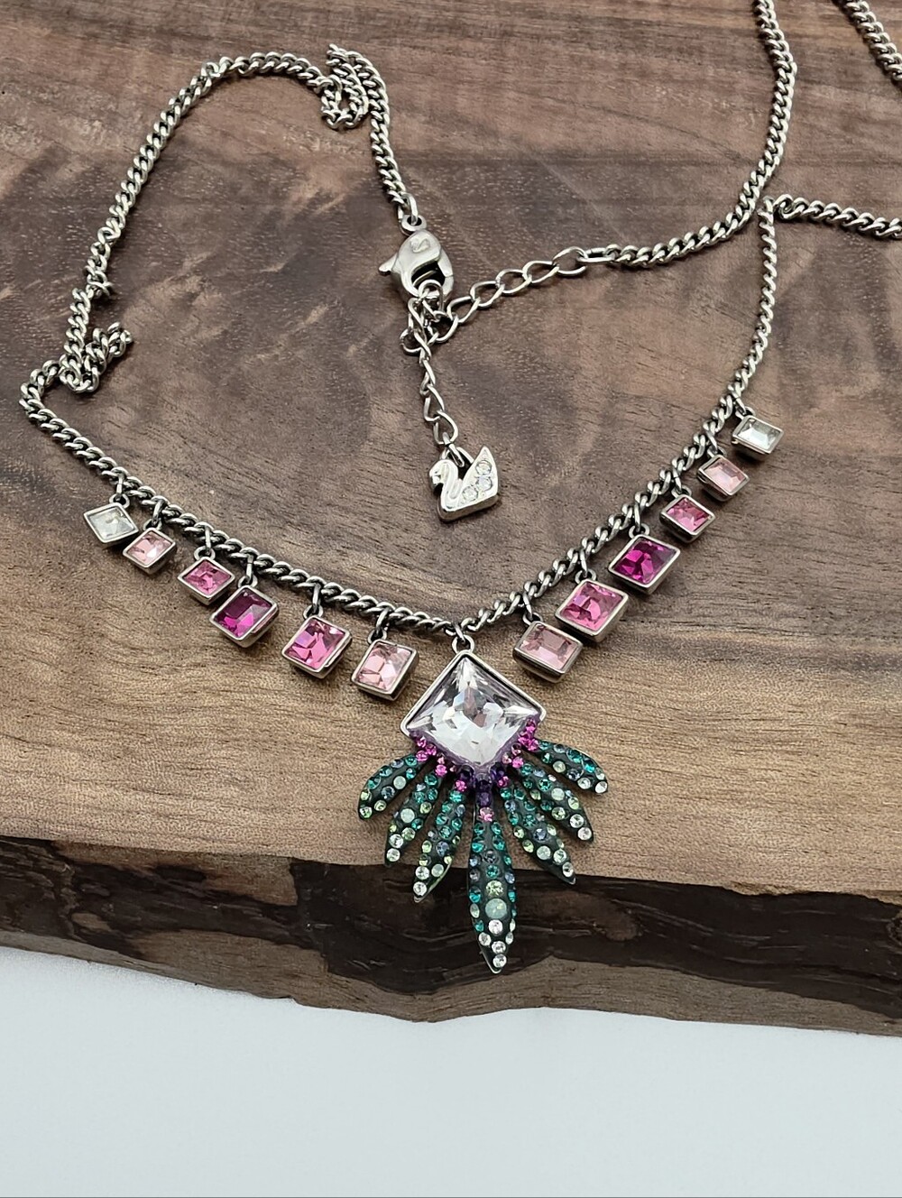 Swarovski Swan Brand Gisele Crystal Palm Frond Necklace Pink Green